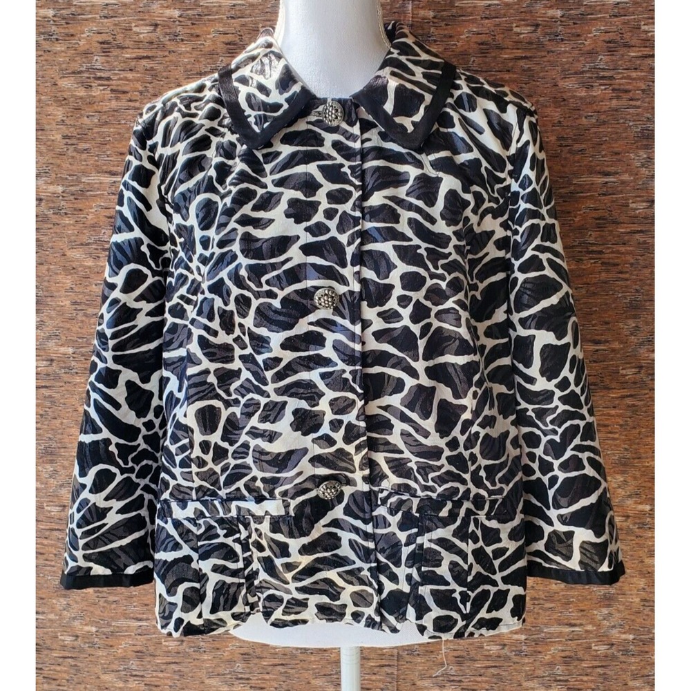 Chicos 2 Seema Jacket Womens Large Black White Stony Path 3/4 Sleeve